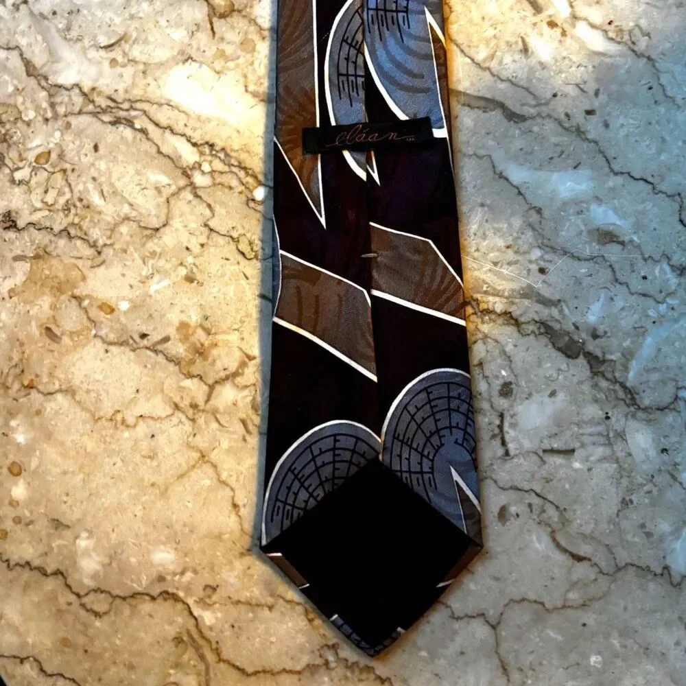 Vintage Mens Eláan Tie Maroon/Tan/Grey-Blue Geometric Shapes Excellent Condition